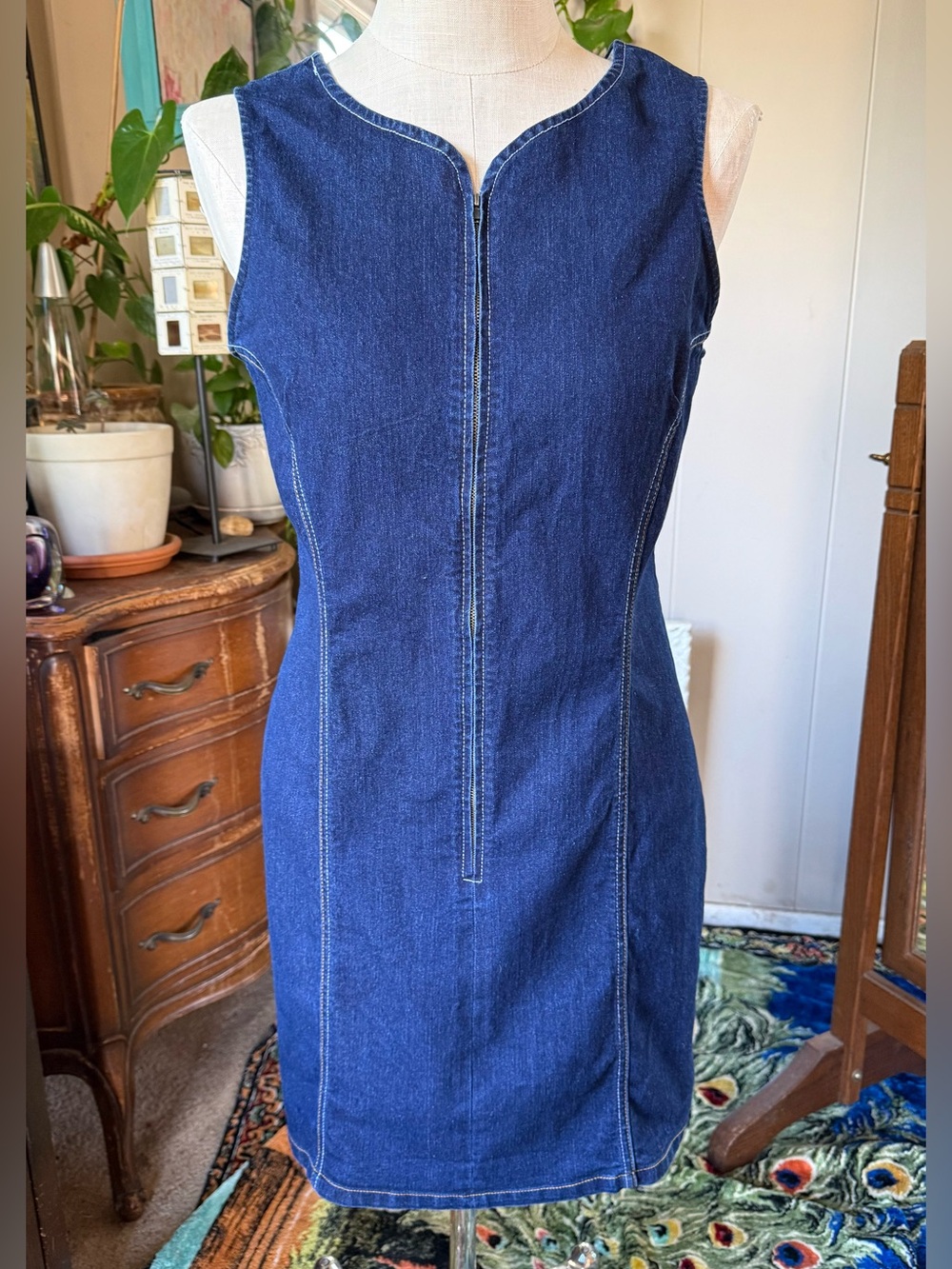 Venus Dark Wash Blue Denim Sleeveless Zip-Front Bodycon Mini Dress 12 Western